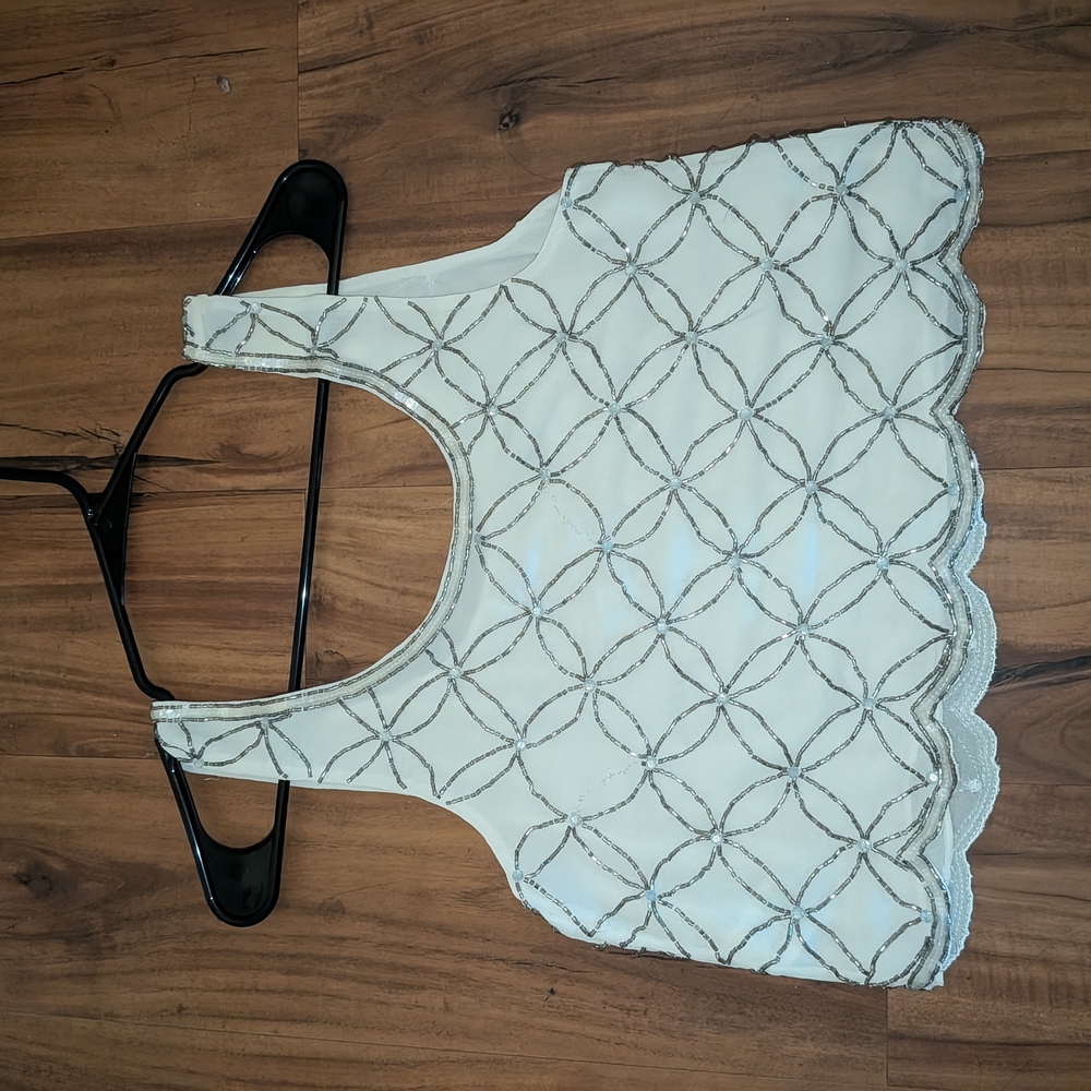 White Beaded Sleeveless Crop Top with Silver Geometric Detail